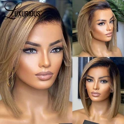 Peluca de cabello humano 13x6 para mujer, postizo de corte Bob Pixie corto, color marrón, rubio miel, encaje frontal, 13x4, pelo brasileño Remy, # 1b