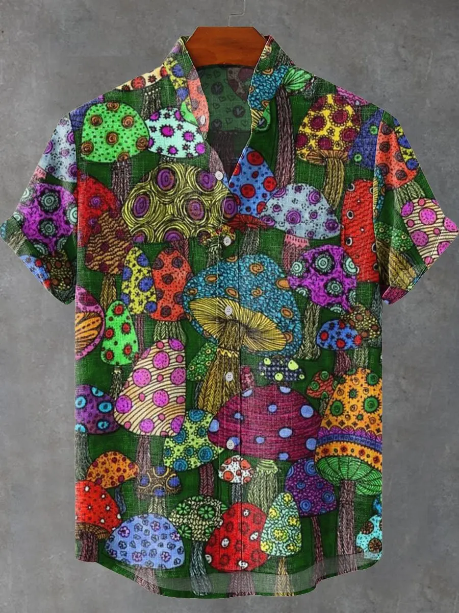 Summer short sleeved shirt with colorful exotic mushroom decoration pattern printed casual fashion top linen short sleeved shirt
