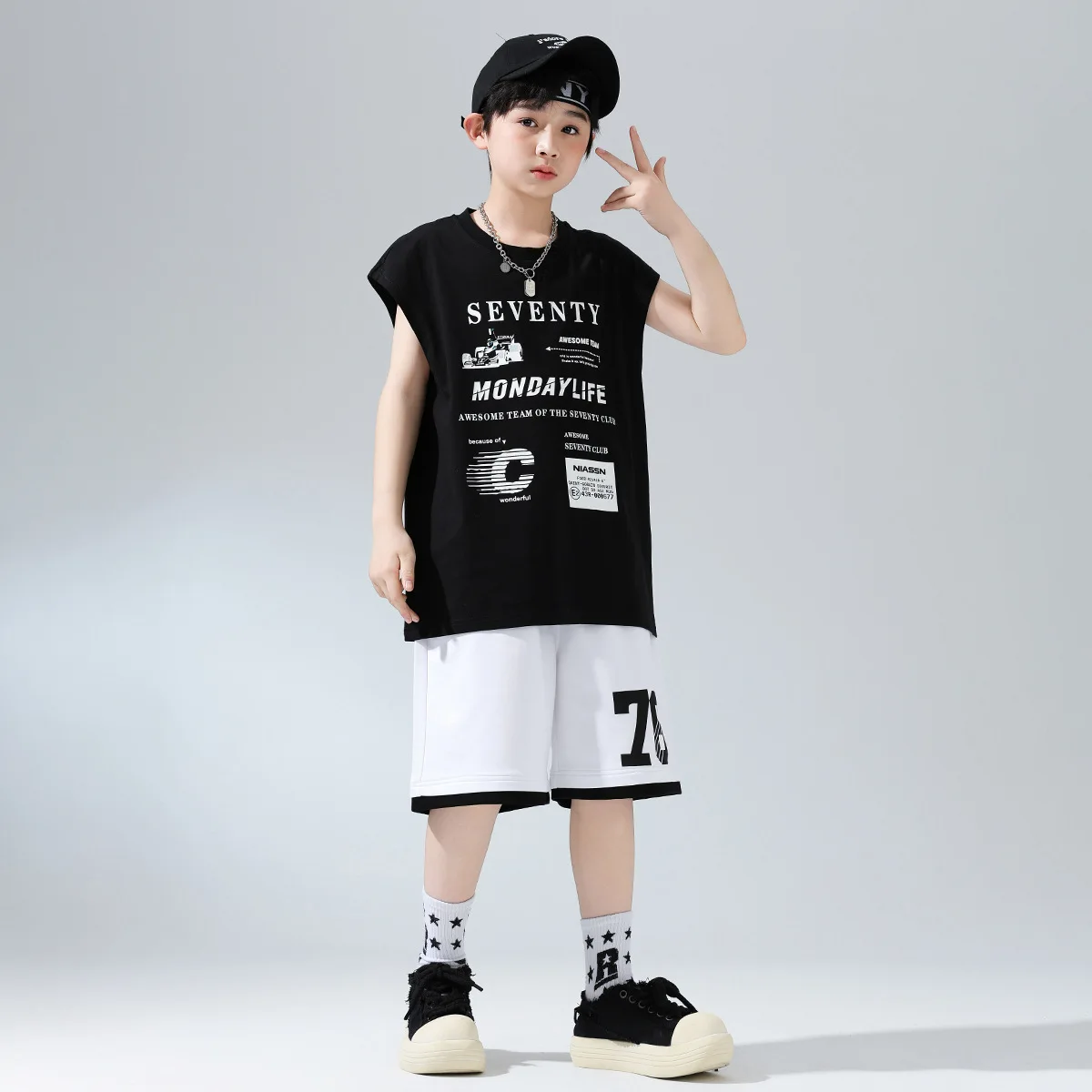 เด็กKpop Hip Hopเสื้อผ้าสีขาวสีดําพิมพ์Tเสื้อสบายๆฤดูร้อนกางเกงขาสั้นสําหรับGirl Boy Jazz Danceสวมเสื้อผ้าเครื่องแต่งกาย
