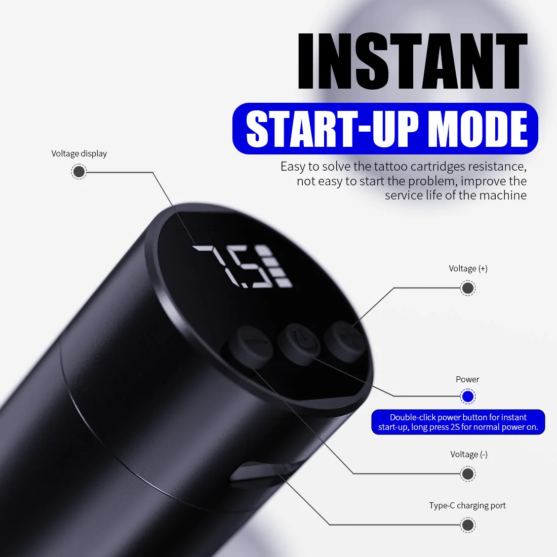 ワイヤレスタトゥーマシン　バッテリー2個付き 45ツートゥーワイヤレス回転タトゥーマシンペン、デュアルバッテリー