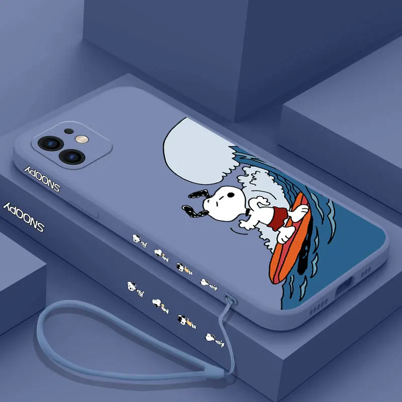 Custodia per telefono Snoopys divertente cartone animato per iPhone 15 14 13 12 11 Pro Max Mini X XR XS MAX SE20 8 7 Plus custodie in Silicone con cinturino a mano