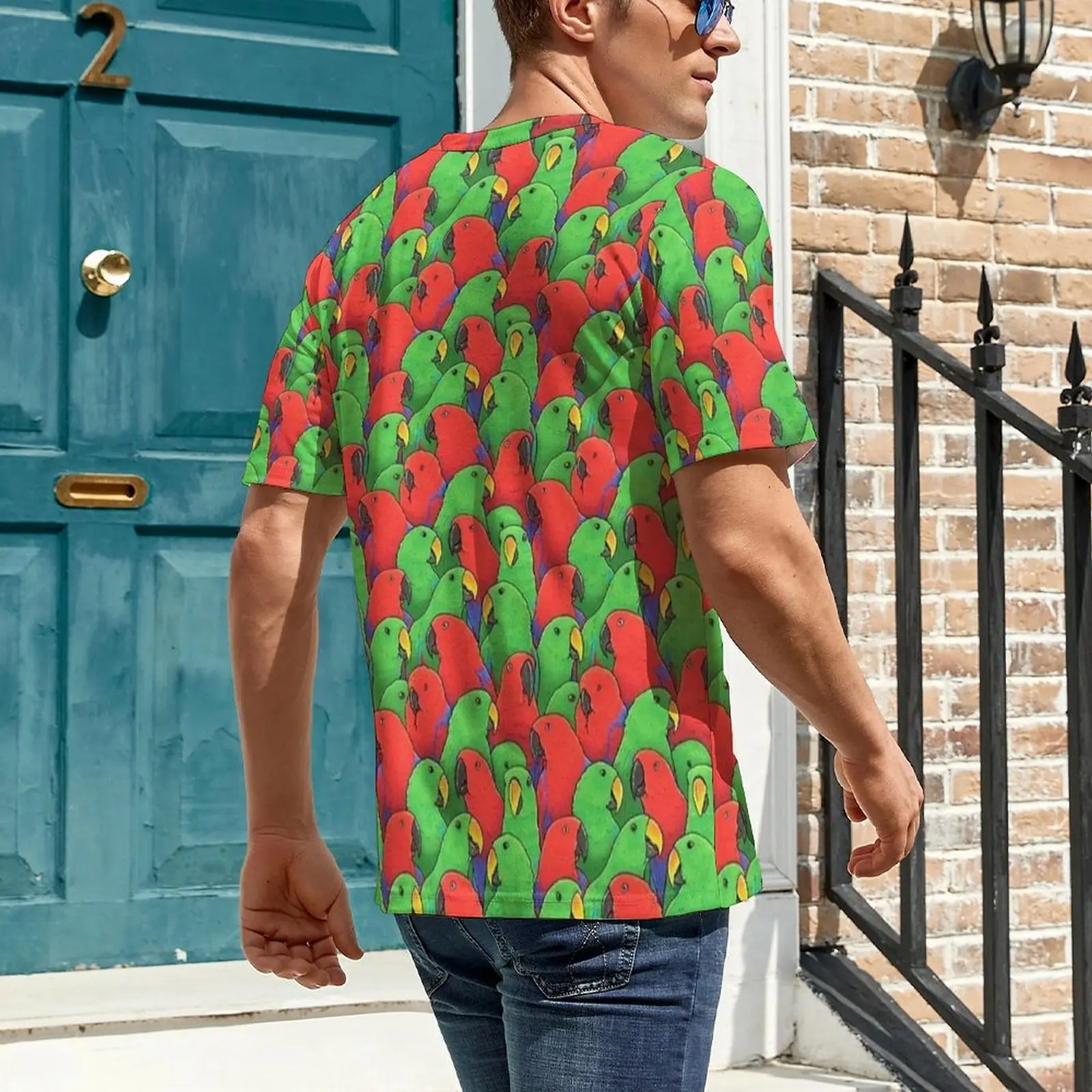 Premium T Shirt Red Green Macaw Flock Print T-Shirts  Casual Hippie Tee Shirt For Couple Short Sleeve Custom Big Size Clothes