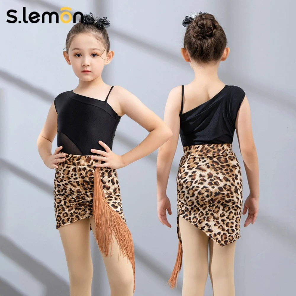 SLemon Kids Girls Latin Dance Two Piece Set Summer Spaghetti Strap Leopard Print Practice Performance Costume For Rumba Samba
