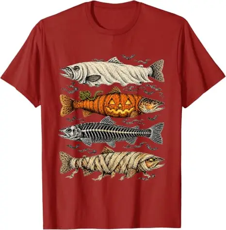 Halloween-Forellen-Fisch-Geister-Kürbis-Skelett-Mumien-T-Shirt Gruseliges Angeln Halloween-Kostüm Y2k Horror-Fischerkleidung – Detail 5