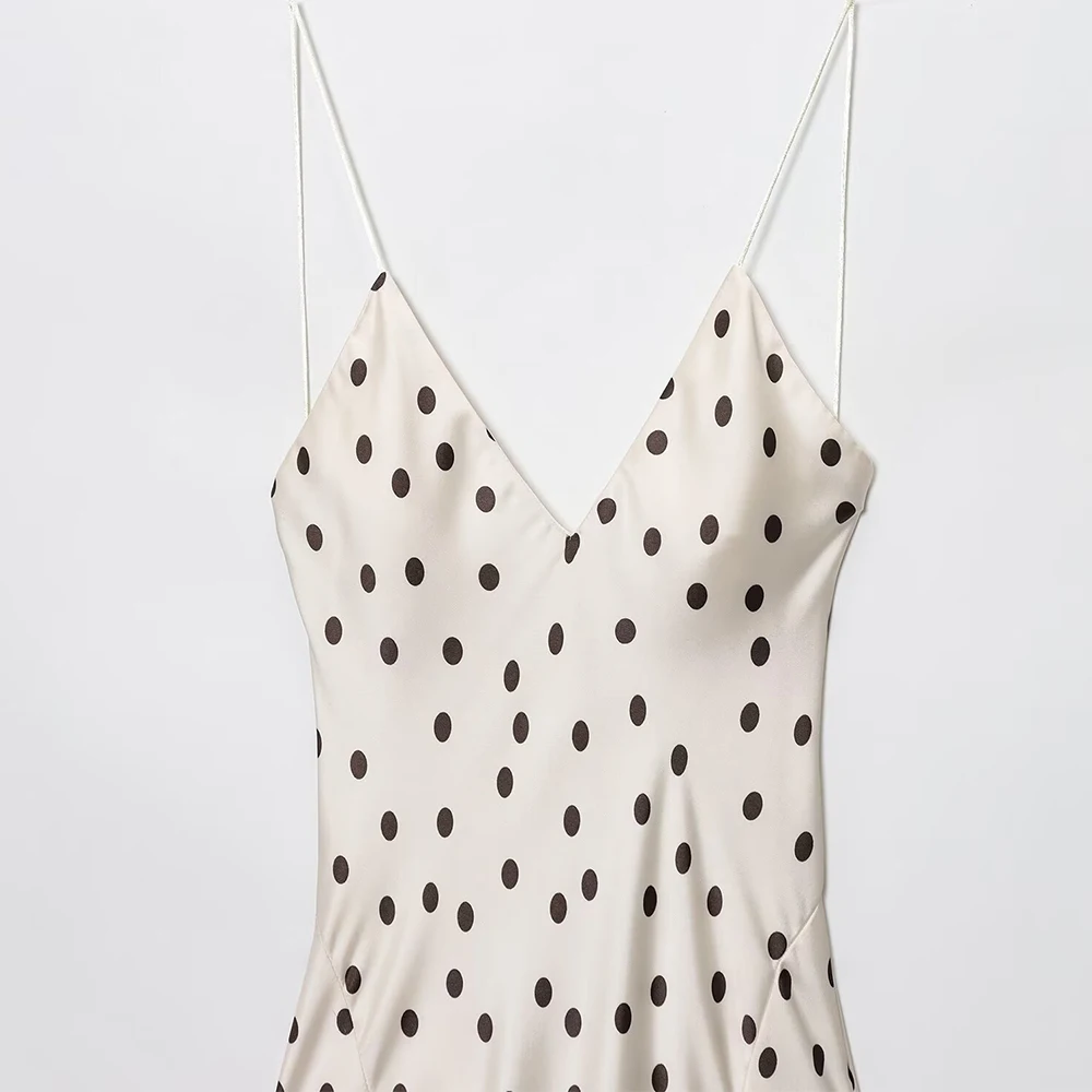 Women's A-Line Satin Midi Dress V-Neck Backless Polka Dot Vestidos Spaghetti Straps Summer Club Party Dress 3067214