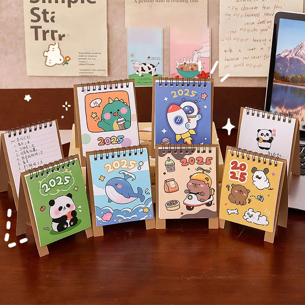 4Pcs/set Page Flipping Design Mini Calendar Cute Cartoon 2025 Calendar Thickened Desktop Calendar Ornament Office Supplies