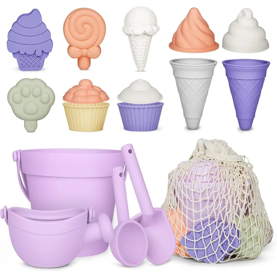 17 peças de brinquedos de praia de silicone, brinquedos de praia modernos para bebês, conjunto de praia amigável para viagens, balde de silicone, regador, pá, 12 moldes de areia,