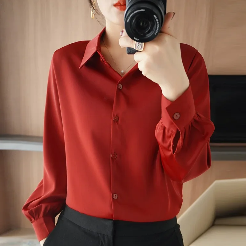 2025 Summer Women's Satin Blouse Long Sleeve Loose Thin Shirts Silk Office Lady Top Acetate Solid Color Turn-down Collar Shirt