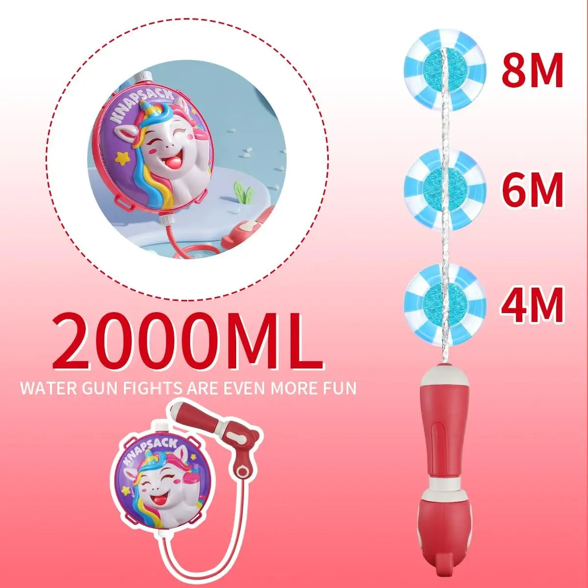 2000ml 물총 배낭, 어린이용 만화 캐릭터 물총, 대용량 물탱크, 조절 가능한 스트랩, 수영장용 장난감