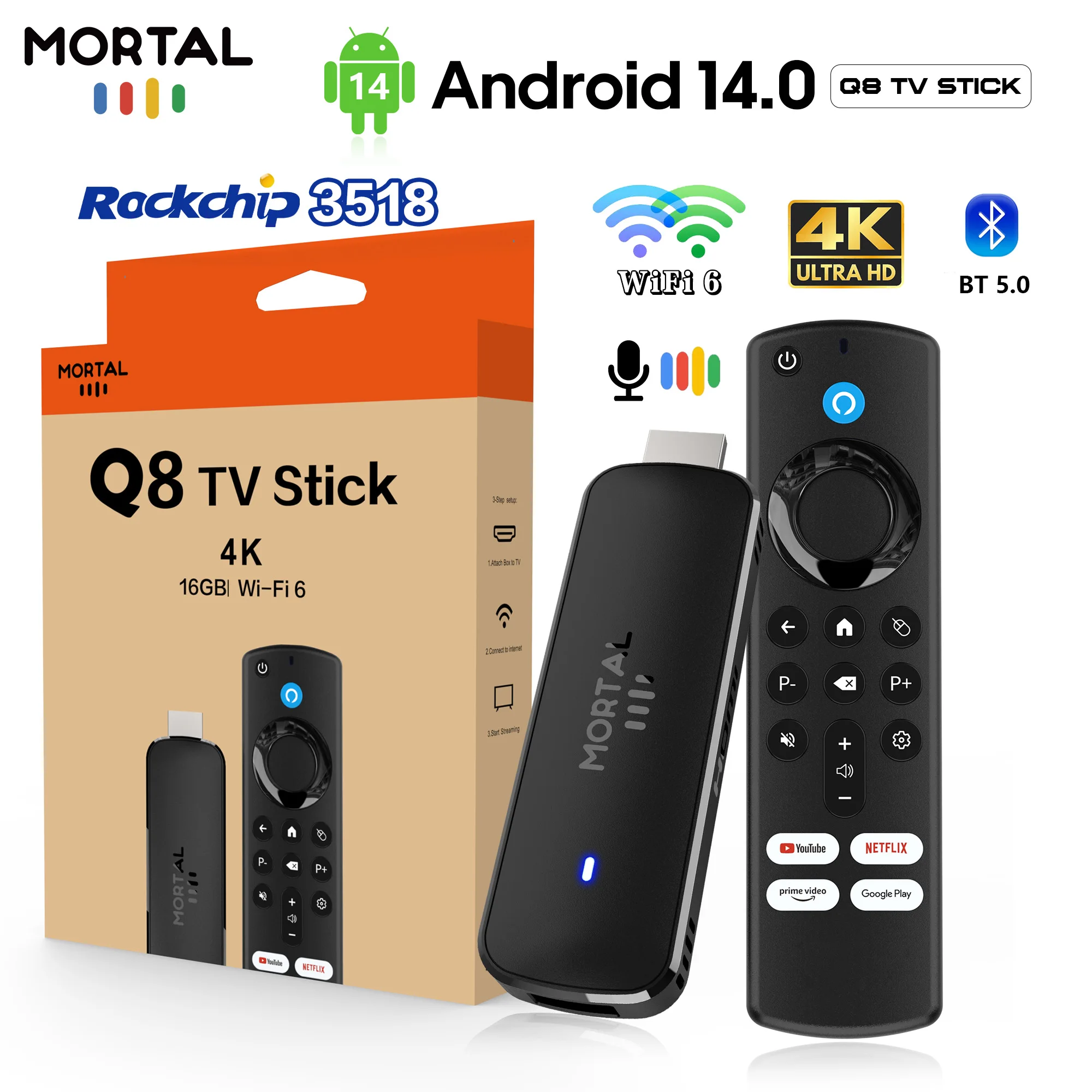 2026 Hot-selling Q8 4K HD TV Stick Android 14.0 RK3518 Quad-core Dual-band WiFi 2.4G/5.8G Home Theatre Media Player Voice BT5.0