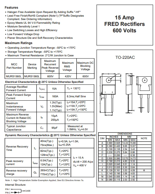 (10 pcs) MURS1560L-BP TO-220AC MURS1560L - Fast Recovery Rectifier 600V 15A