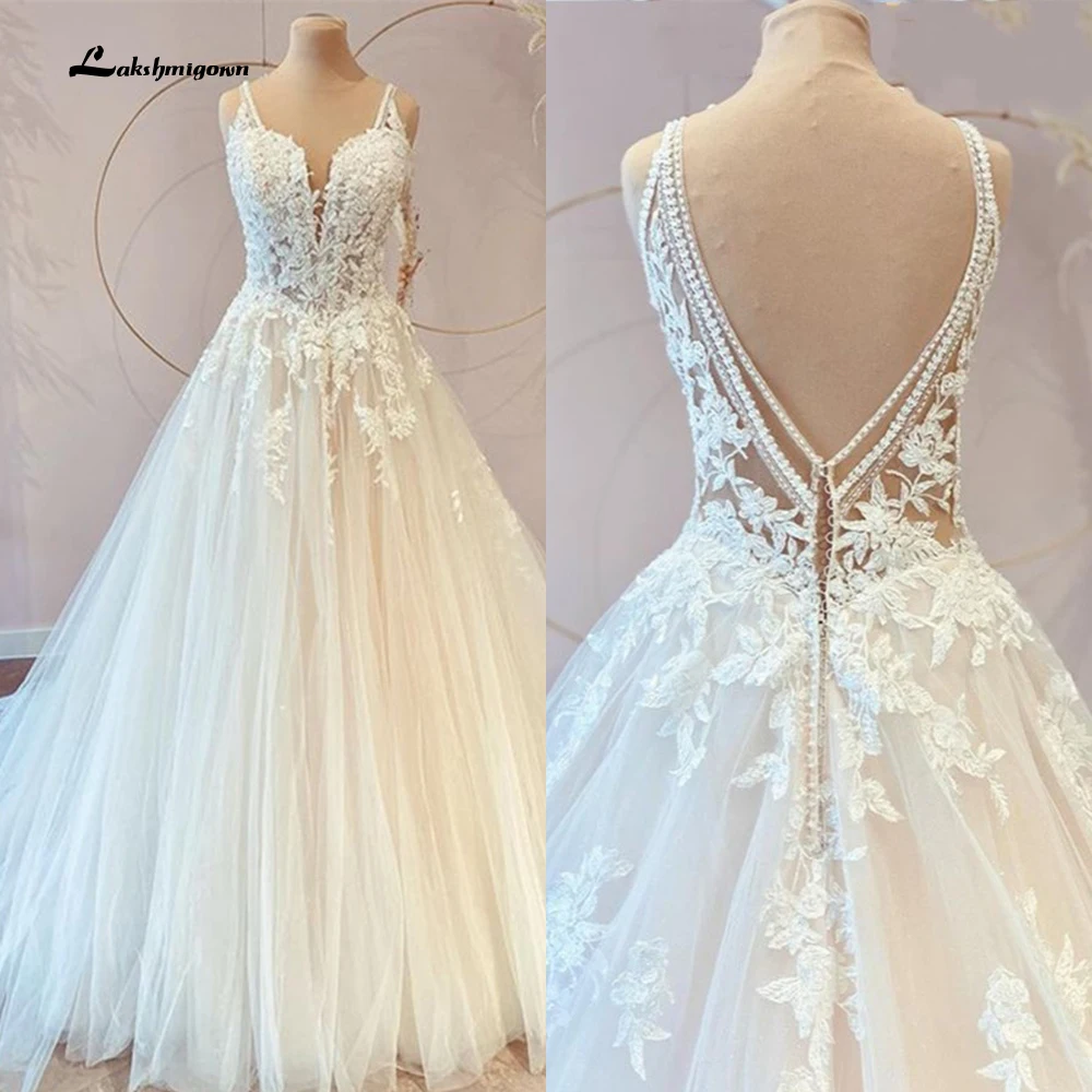 

Lakshmigown V-neck Spaghetti Straps Lace Appliques Ball Gown Wedding Dress Tulle Bridal Gown Court Train robes de soirée