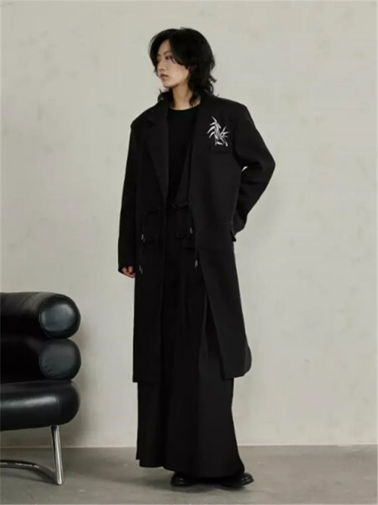 2024 new Chinese asymmetrical oblique suit collar woolen coat bamboo leaf embroidery long woolen coat