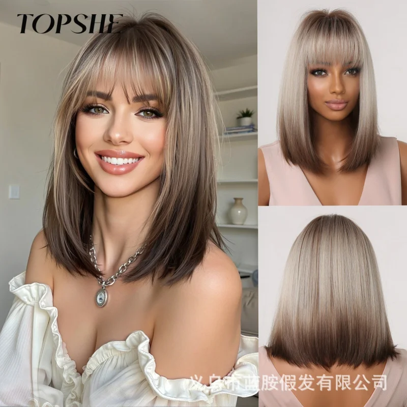 

Fashion European and American Style for Women Full Head with Bangs Gradient Gray Short Hair Bobo Synthetic Wig