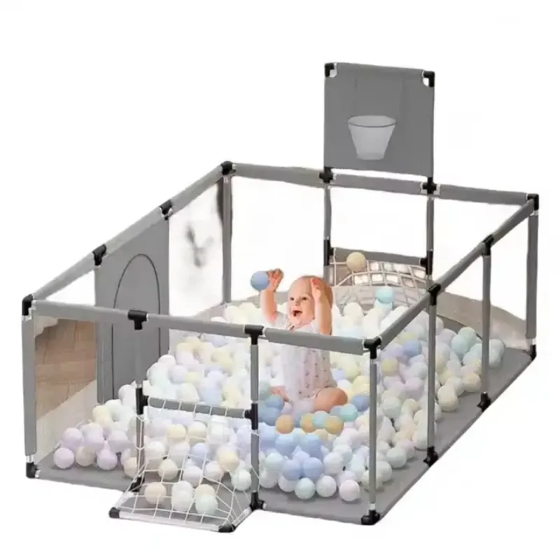 Multi-colored baby play fence with playground basketball hoop, indoor or outdoor anti-roll safety