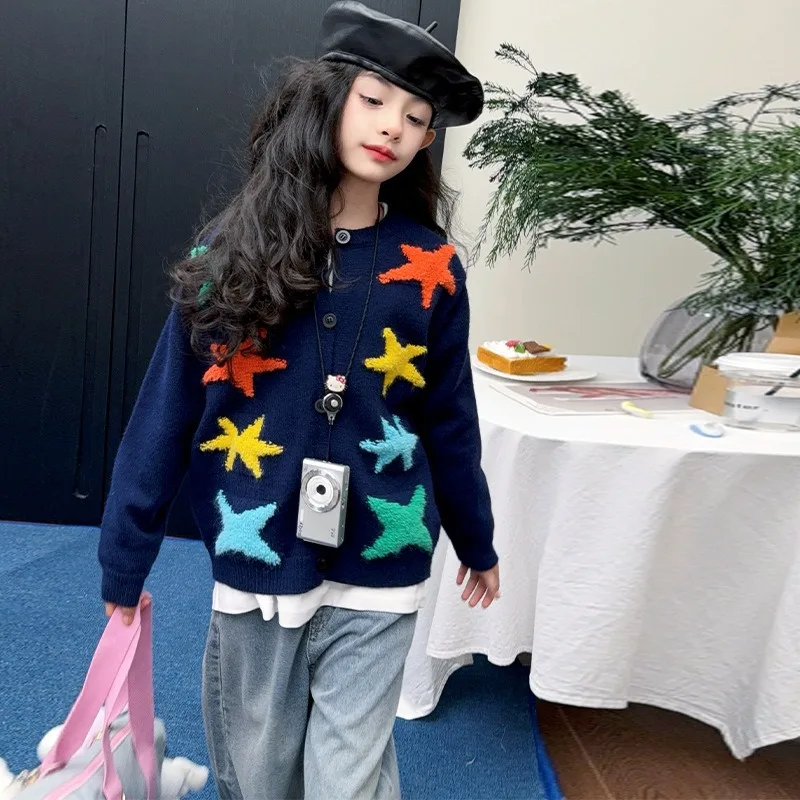 

Girls Sweater Cardigan 2025 New Spring and Autumn Children's Color Five-pointed Star Korean Version of Girls Knitted Jacket