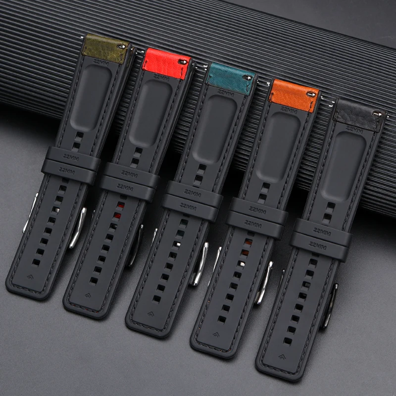 Quick release Genuine Leather strap with  Men Waterproof Silicone Rubber bottom watchband 22mm  Universal Accessories Watchband