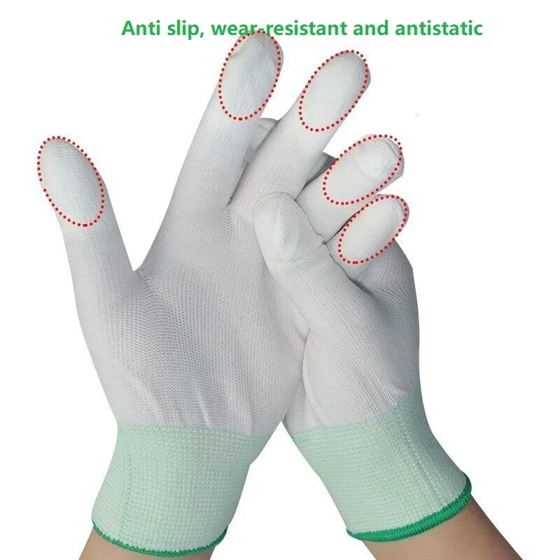 12Pairs/Dozen Nylon PU Finger Coated Gloves White  Glove Anti-static Gloves Clean Knitted Gloves