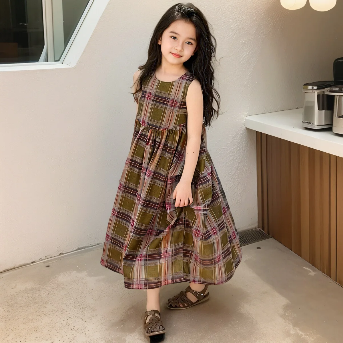

2025 Summer teenager Girls plaid kid baby party princess lace Teenager A-line sundress Long suspender dress 4 5 6 7 8 10 Years
