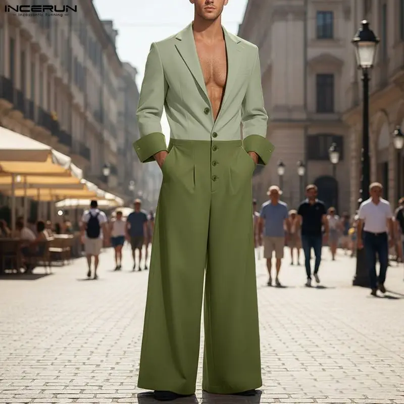 

Мужской комбинезон INCERUN, лоскутный, с цветными блоками, с отложным воротником, с длинным рукавом, уличный стиль, свободный крой, модный повседневный комбинезон 2026 года