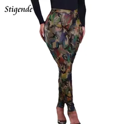 Stigende Women Green Pencil Leggings Slim Fit Camouflage Pants Streetwear Gradient Color Skinny Workout Trousers Pocket