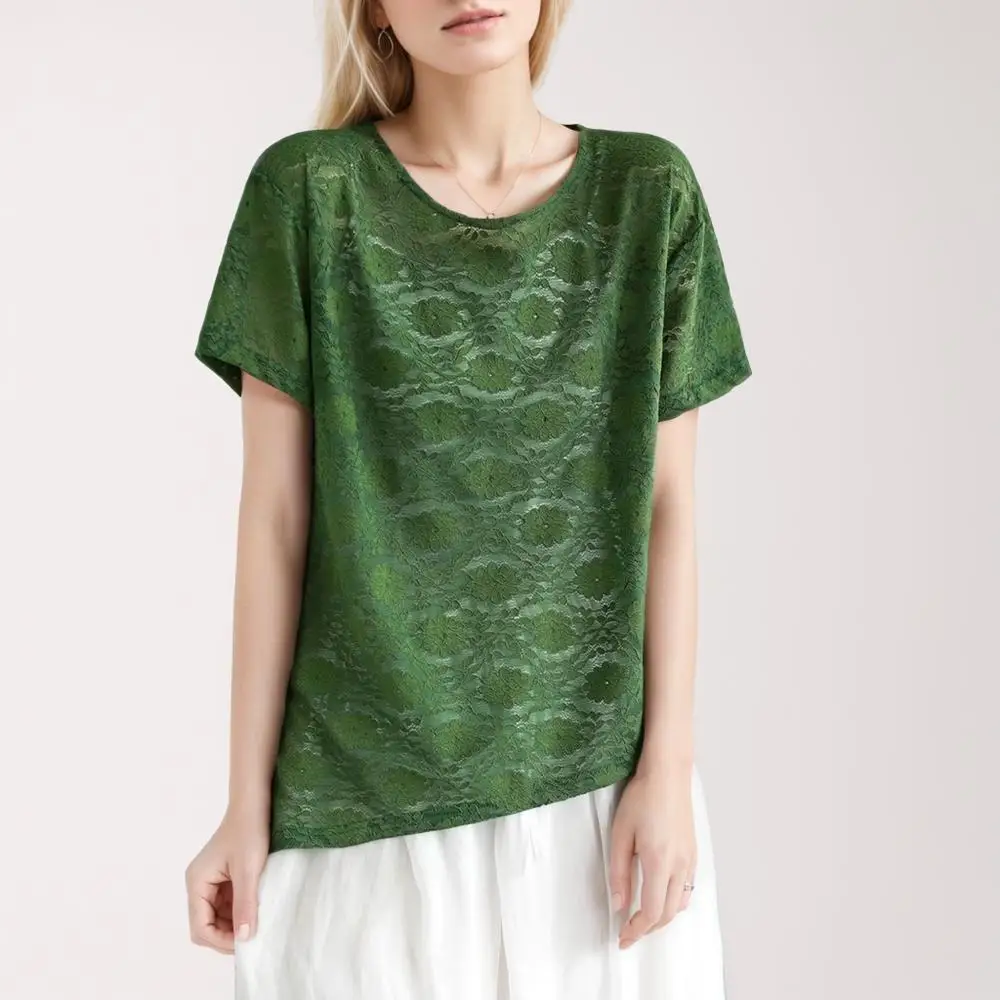 

Dimanaf 2024 Lace T-Shirt Summer Women Solid White Cotton Casual Style Loose Green Tops