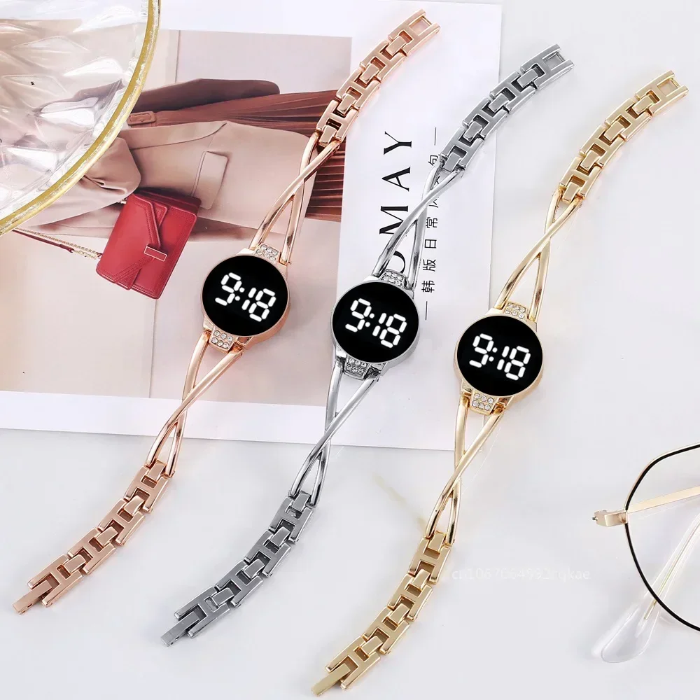 ساعة بسوار من الفولاذ LED للنساء ، شاشة تعمل باللمس ، أسلوب بسيط ، إلكتروني ، طالب ، وقت ، سوار عصري