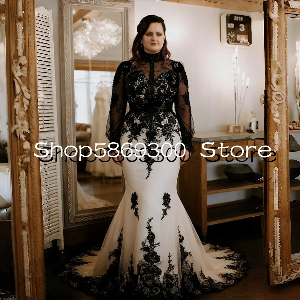 Black White Mermaid Gothic Wedding Dresses Illusion Long Sleeve Lace Applique Garden Beach Bridal Gown Plus Size Customsized