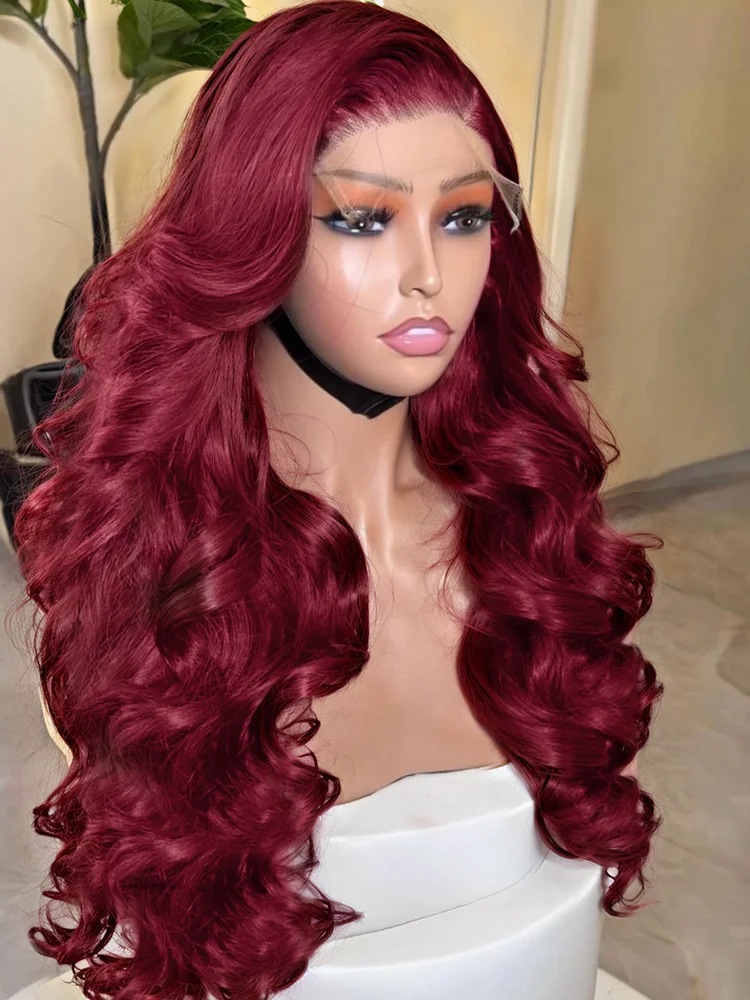 13x6 99J Burgundy Body Wave HD Transparent 13x4 Lace Front Human Hair 30 40 Inch Red Colored Water Wave Lace Frontal Wigs