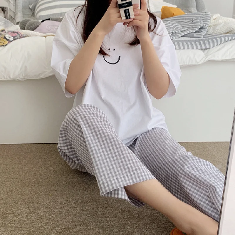 Women\'s 2-Piece Summer Pajamas Homewear Spring And Autumn Pajamas Women Short-Sleeved Trousers Casual Korean Homewear Set