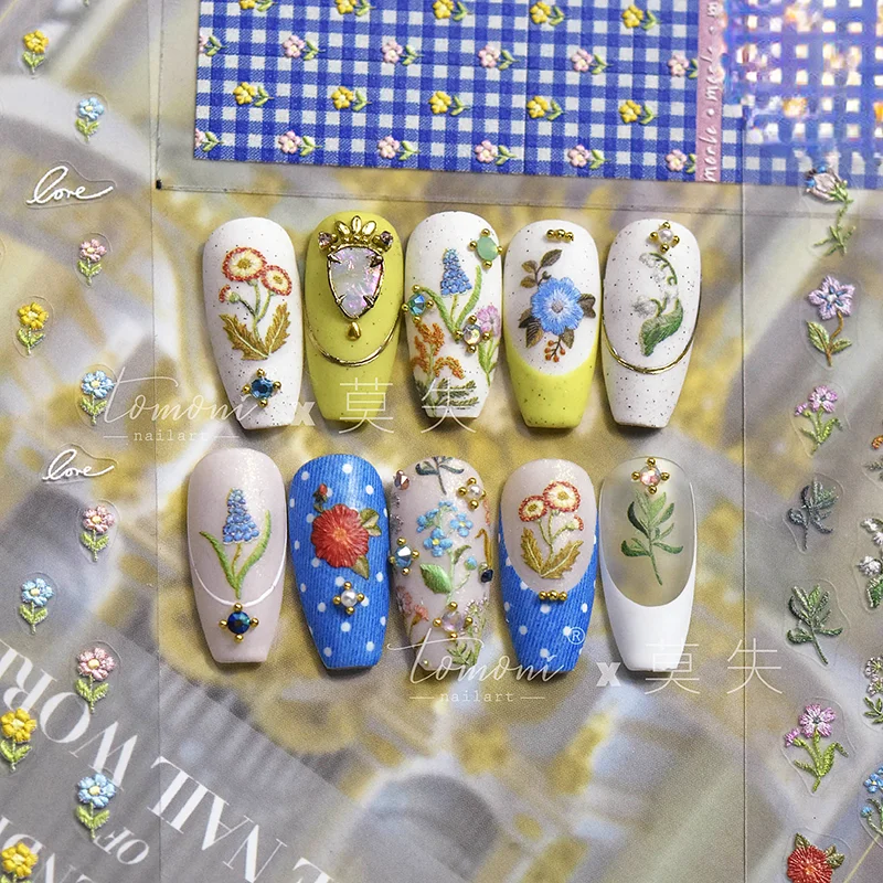 Flowers Embroidery Design 5D Soft Micro-carved Self Adhesive Nail Art Stickers 3D Manicure Decal Nail DIY Stylist Supply Popular