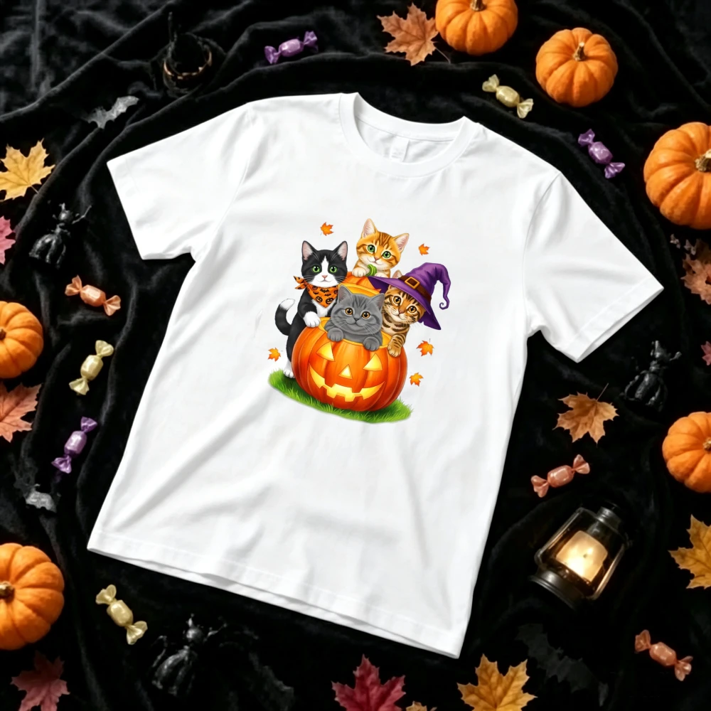 Halloween Cute Kittens in Pumpkin Graphic T‑Shirt Adorable Multi‑Breed Cats Witch Hat Maple Leaf Fall Print Crew Neck Tees Tops