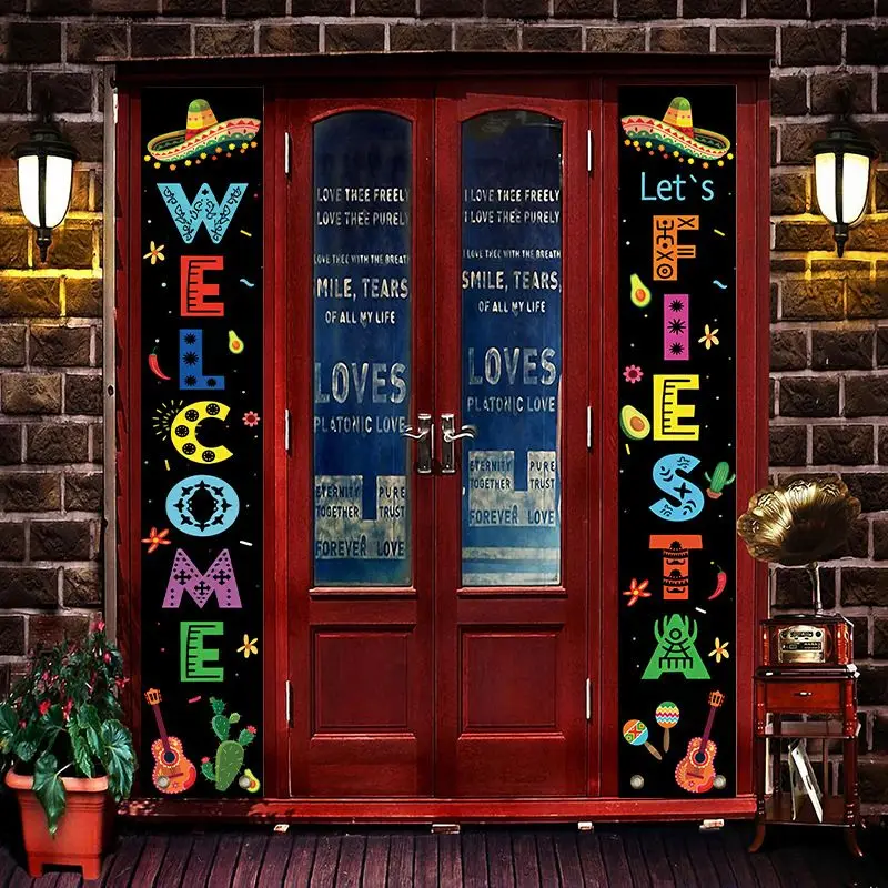 VIKAMA Cinco De Mayo - Par de Pancartas para Puerta con Diseño Étnico Mexicano, Decoración Colgante de Bienvenida para Entrada de Restaurante con Motivos de Chile y Maraca