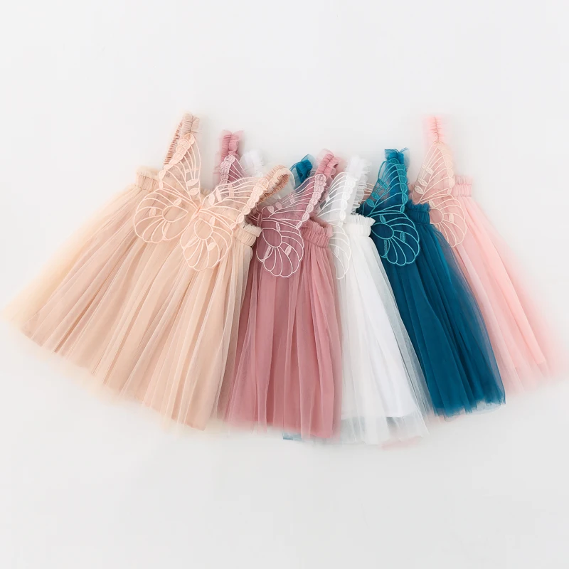 Girls Butterfly Wings Tulle Dress 1-10Y Kids Sleeveless Princess Tutu Dress Summer Embroidery Fairy Party Dresses for Toddler