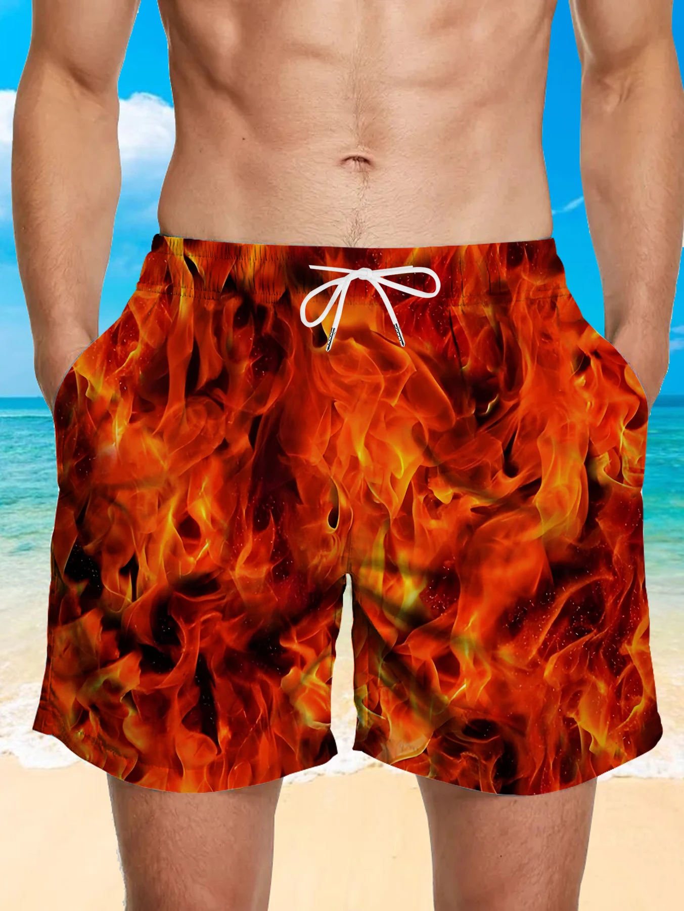 

Elastic Waist Men Beach Shorts Full Digital Print Polyester Quick Dry Swimwear