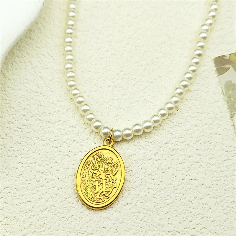 

St. Michael Saint Pendant Necklace Women Girl Stainless Steel Gold Color Pearl Religion Female Hot Summer Elegant Chain Jewelry