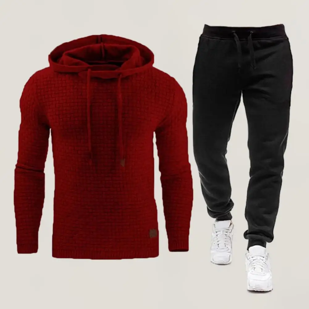 Casual Hooded Suit Men's Waffle Texture Hoodie Pants Set for Fall Winter Sports Solid Color Long Sleeves Elastic Waist