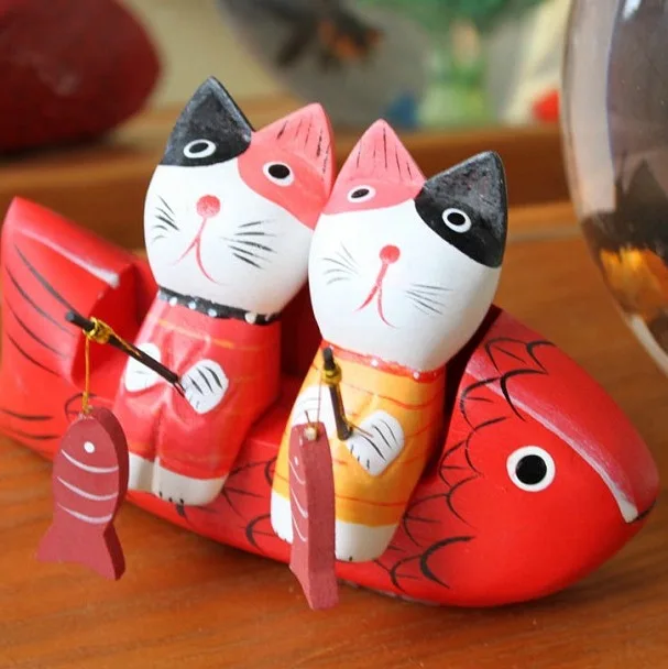 Wooden Painted Kittens Fishing Nordic Crafts Ornaments Couple Cat Suits Home Decoration