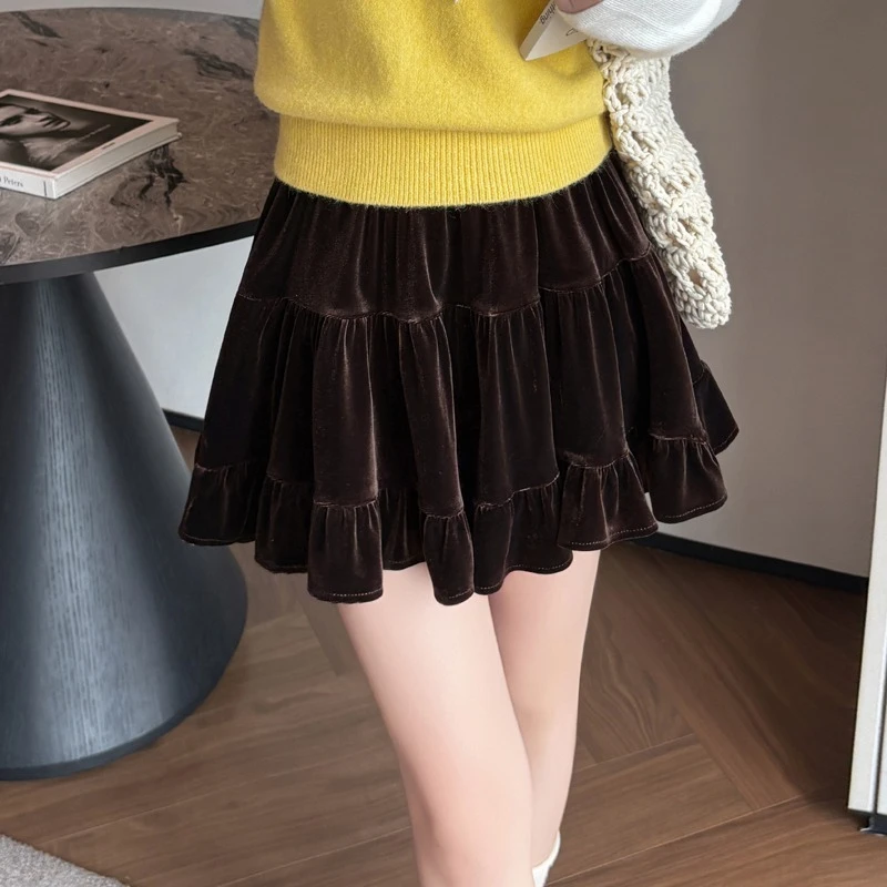 Seoulish outono inverno veludo bolo feminino mini saias 2025 nova alta wasit casual solto plissado skater saias curtas femininas