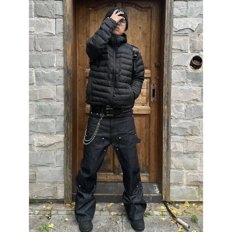 

American Original Cowhide Woodcutting Pants Splice Rhinestone A-Line Men's Design Sense Streetwear Loose Wide Leg Jeans