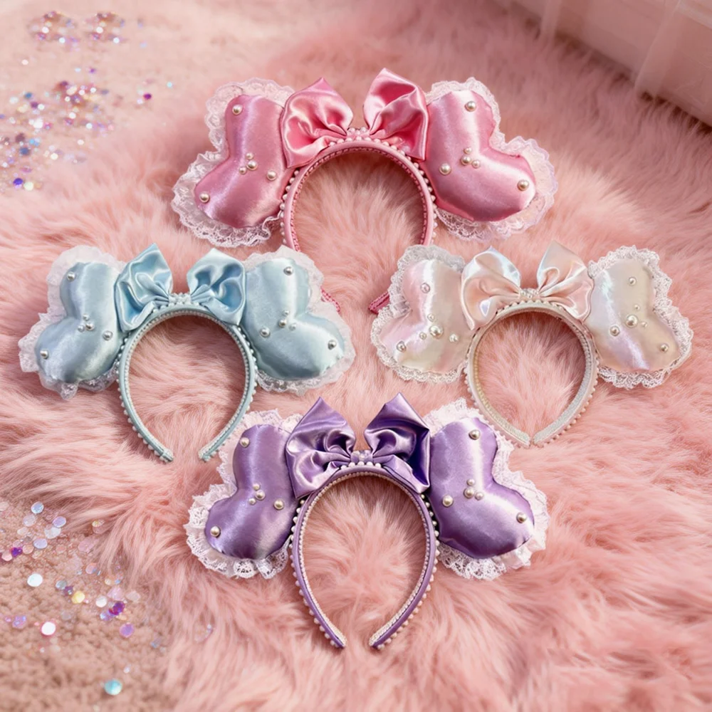 Mickey Mouse Ears Hairbands Pearl Heart Lace Bow Headbands Hair Band Birthday Party Halloween Princess Cosplay Costume For Women