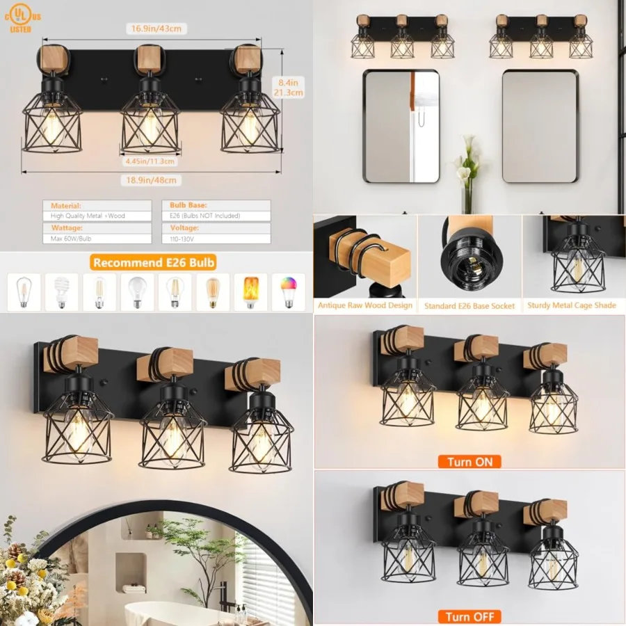 

3-Light Farmhouse Vanity Light for Bathroom, Wood Bathroom Light Fixtures Over Mirror, Industrial Vanity Light with Metal Lamps