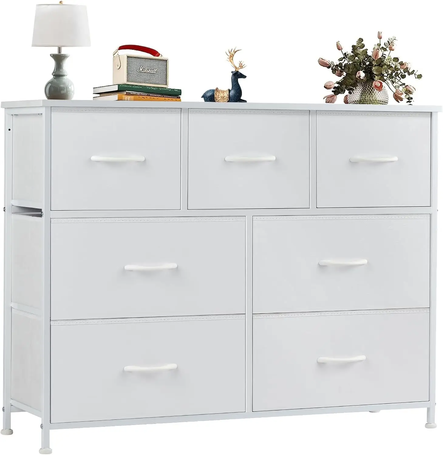 Cómoda para dormitorio, 7 cajones de almacenamiento, armario de tela ancha, muebles de torre organizadora, soporte para TV con marco de Metal superior de madera