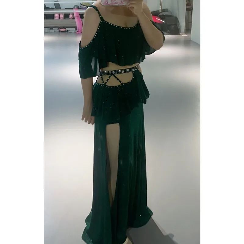 

Одежда для танца живота, новый осенне-зимний сетчатый топ с короткими рукавами + длинная юбка, комплект из 2 предметов, восточный тренировочный костюм, женский комплект для танца живота