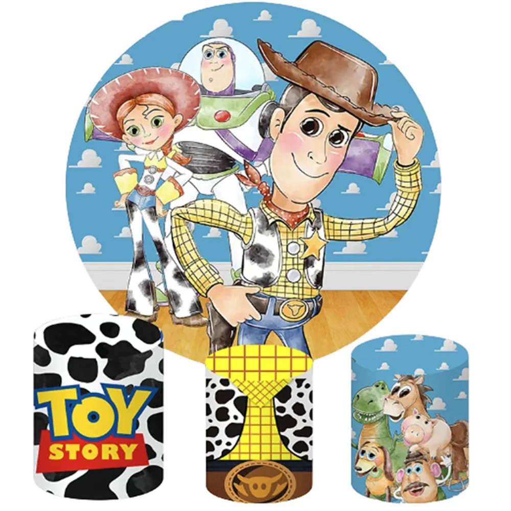 

Toy Story Woody Round Backdrop And 3 Cylinder Covers Background Photography Baby Shower Birthday Party Decoration Dessert Table