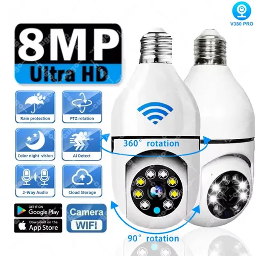 Imagen 1 del producto Cámara de vigilancia con bombilla E27 de 8MP, Wifi, IP, PTZ, CCTV, Zoom 10X, visión nocturna en Color, seguimiento humano, cámara de seguridad para Monitor de bebé