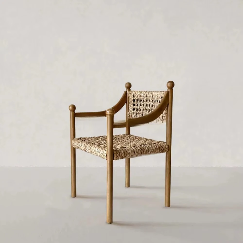Muebles de comedor estilo granja francesa, sillón de madera maciza, asiento de algas nativas tejido a mano