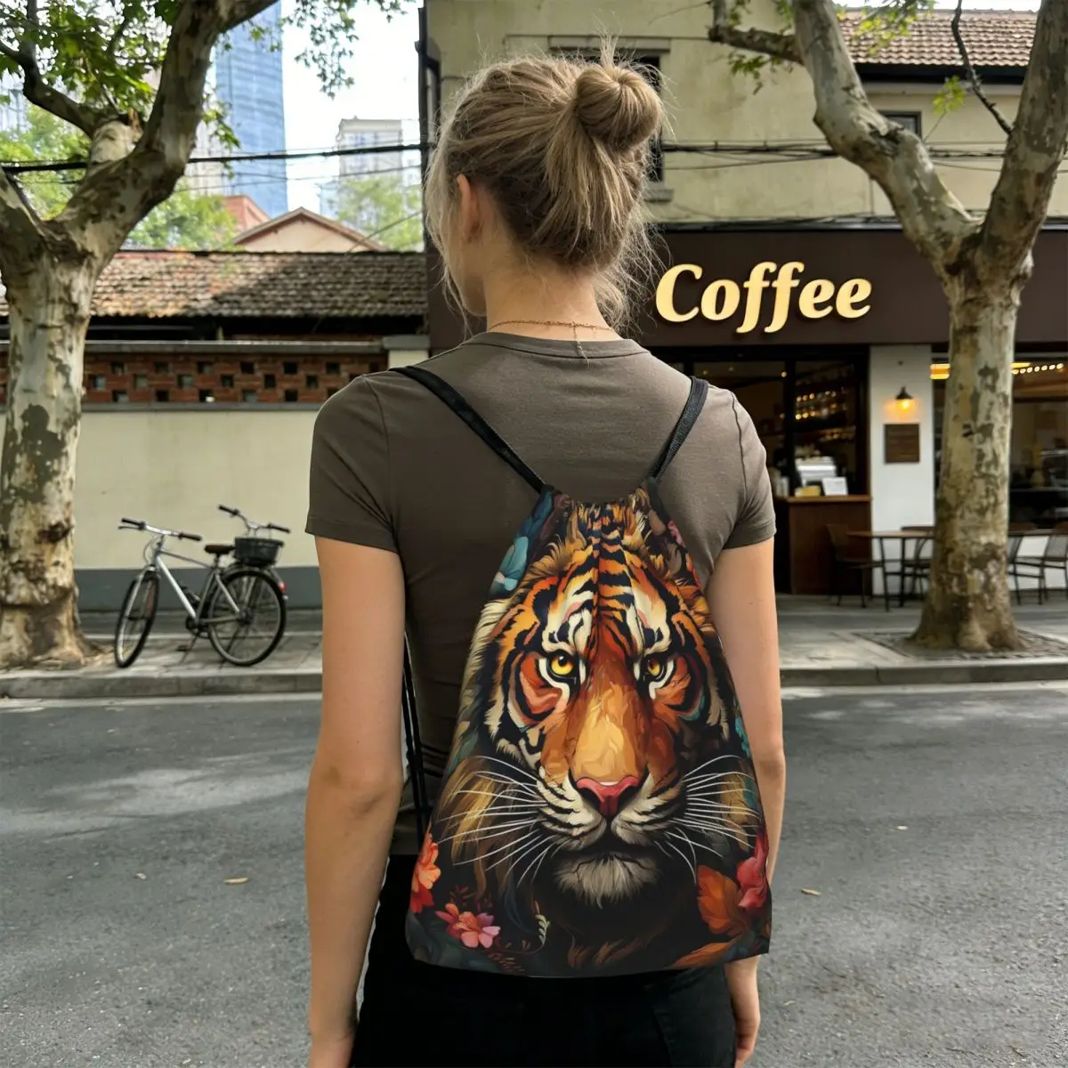 A Tiger Surrounded By Vibrant Flowers Backpacks Multi-function Drawstring Bags Storage Bag Book Bags for Man Woman School