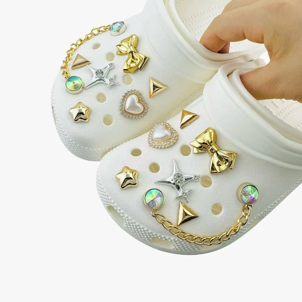 14PCS Shoe Charms Set Bow Shaped Heart-shaped Pentagram Diamond Chain Shoe Decorations Buckle for Sandals Clogs DIY Accessories