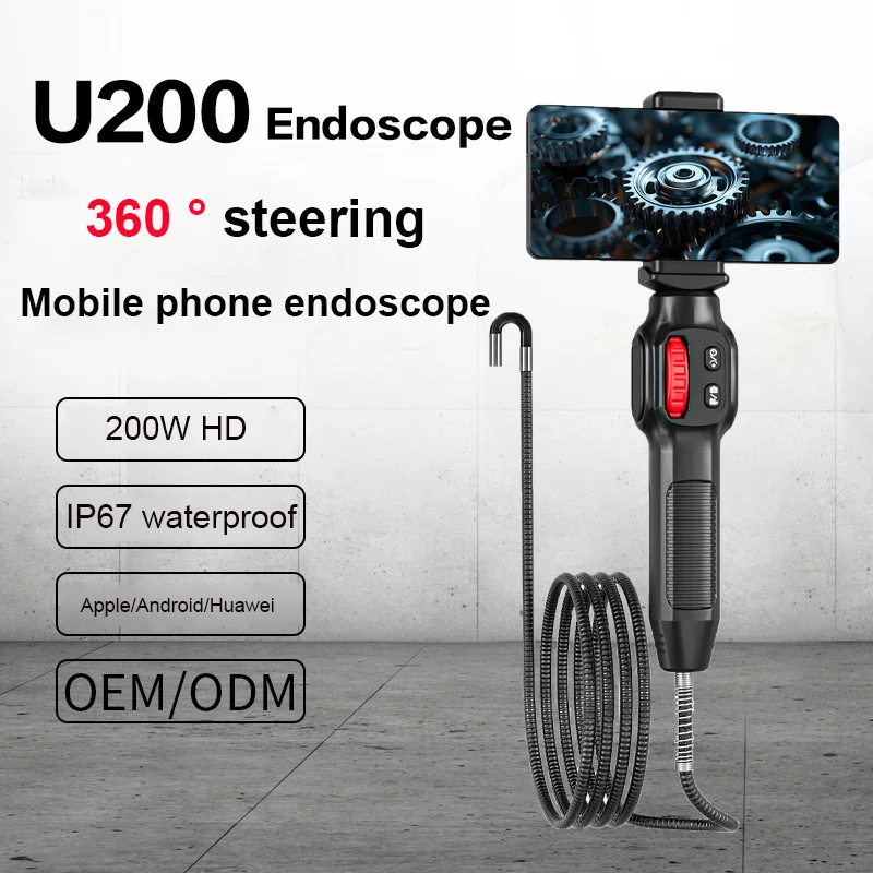 200W 1080P HD IP67 Waterproof Pixel Articulated Industrial Endoscope Full 360 2-way Borescope Camera for Pipe Sewer Car Repair